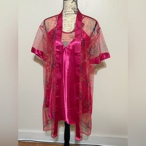 Marulong Pink Sheer Kimono Robe and Magenta Satin Slip Dress